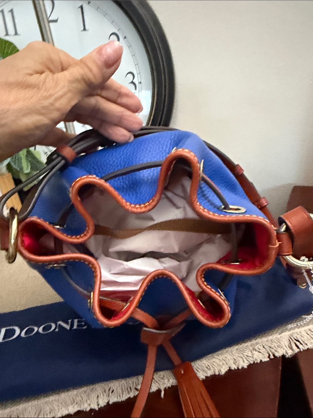 Dooney & Bourke Blue Leather Drawstring Bucket Bag with Brown Trim and Tassels - Picture 12 of 16